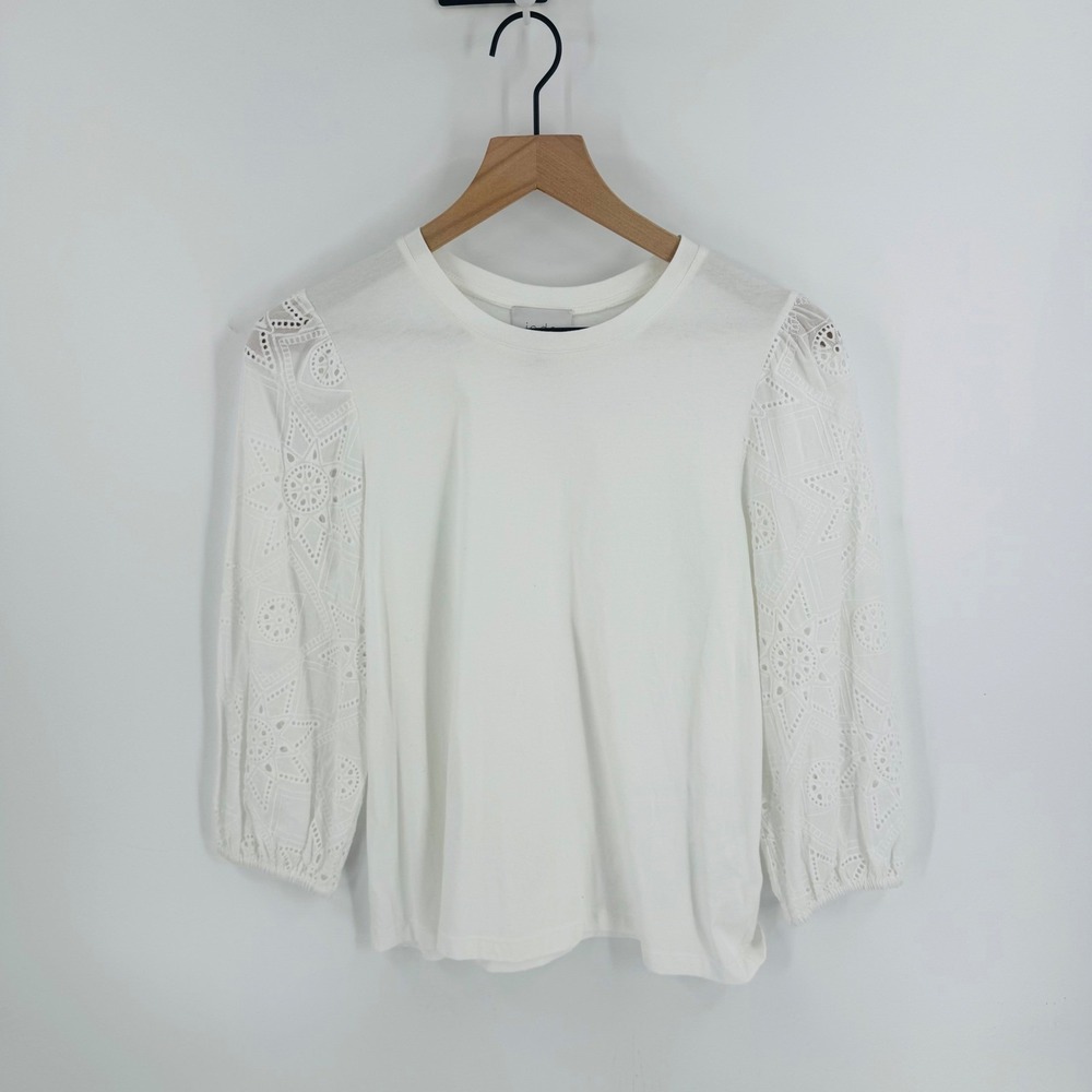 Jade White Eyelet Lace Puff Sleeve Top Size S Romantic Boho‎ Clean Girl Spring